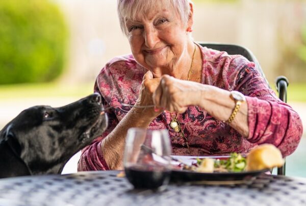 happy senior at a table feeding her dog - in home caregiver services los angeles